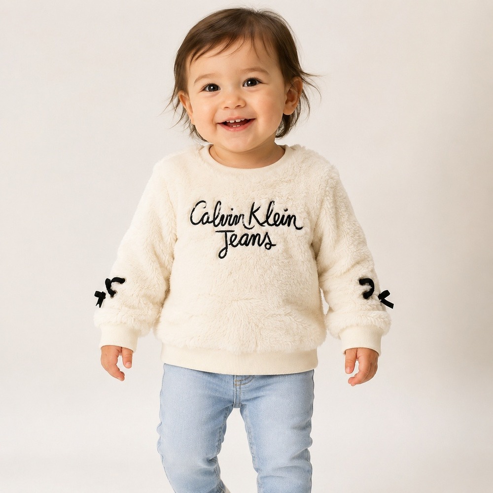 Calvin Klein Jeans Baby 12M Ivory Faux Fur Logo Sweatshirt Lace Sleeve